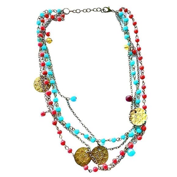 Vintage ethnic boho red & turquoise glass bead  gold coin chain necklace. 15.5” - Picture 1 of 7
